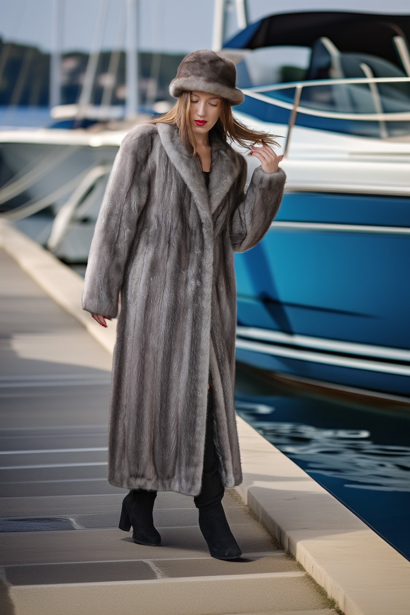 A woman wearing a long gray faux fur coat, matching gray fur hat, and black boots walks along a concrete dock next to a blue and white yacht.