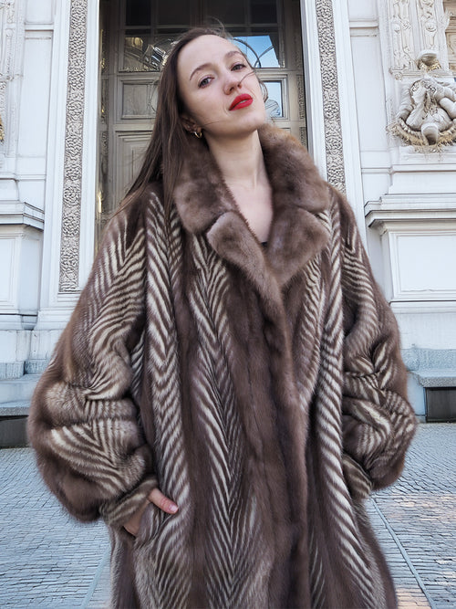 Front close-up of Two Tone Mink Fur Jacket L/XL 16 with plush collar and hands in pockets, perfect for winter elegance.
