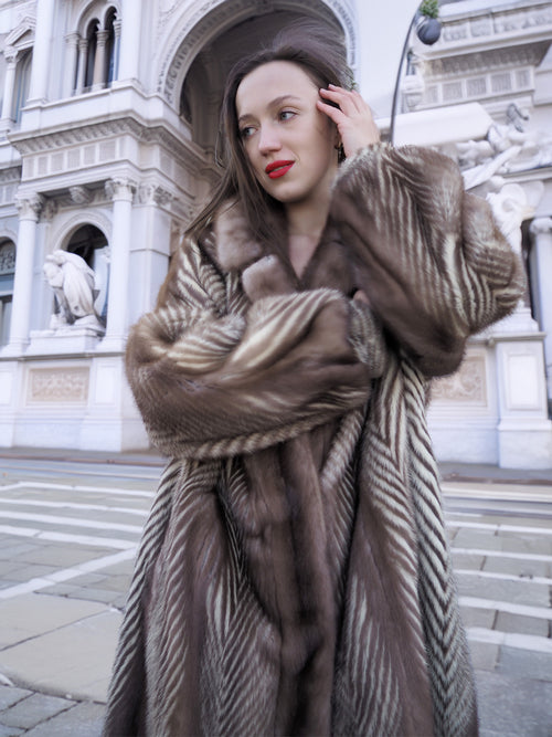 Close-up of Brand New Canadian Mink Fur Jacket L/XL 16, highlighting the rich texture and detailed herring bone design.