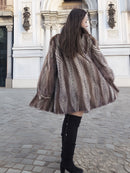 Back view of Two Tone Herring Bone Mink Fur Jacket L/XL 16, showing the wide flare and intricate fur pattern.