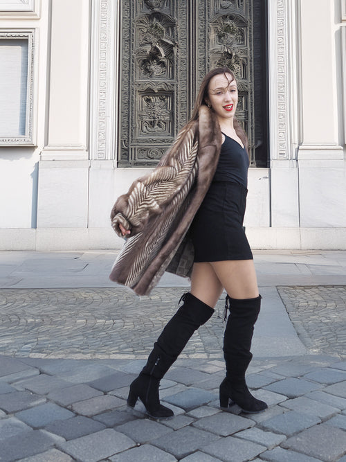 Model twirling in Canadian Mink Fur Jacket L/XL 16, revealing the satin lining and luxurious fur craftsmanship.