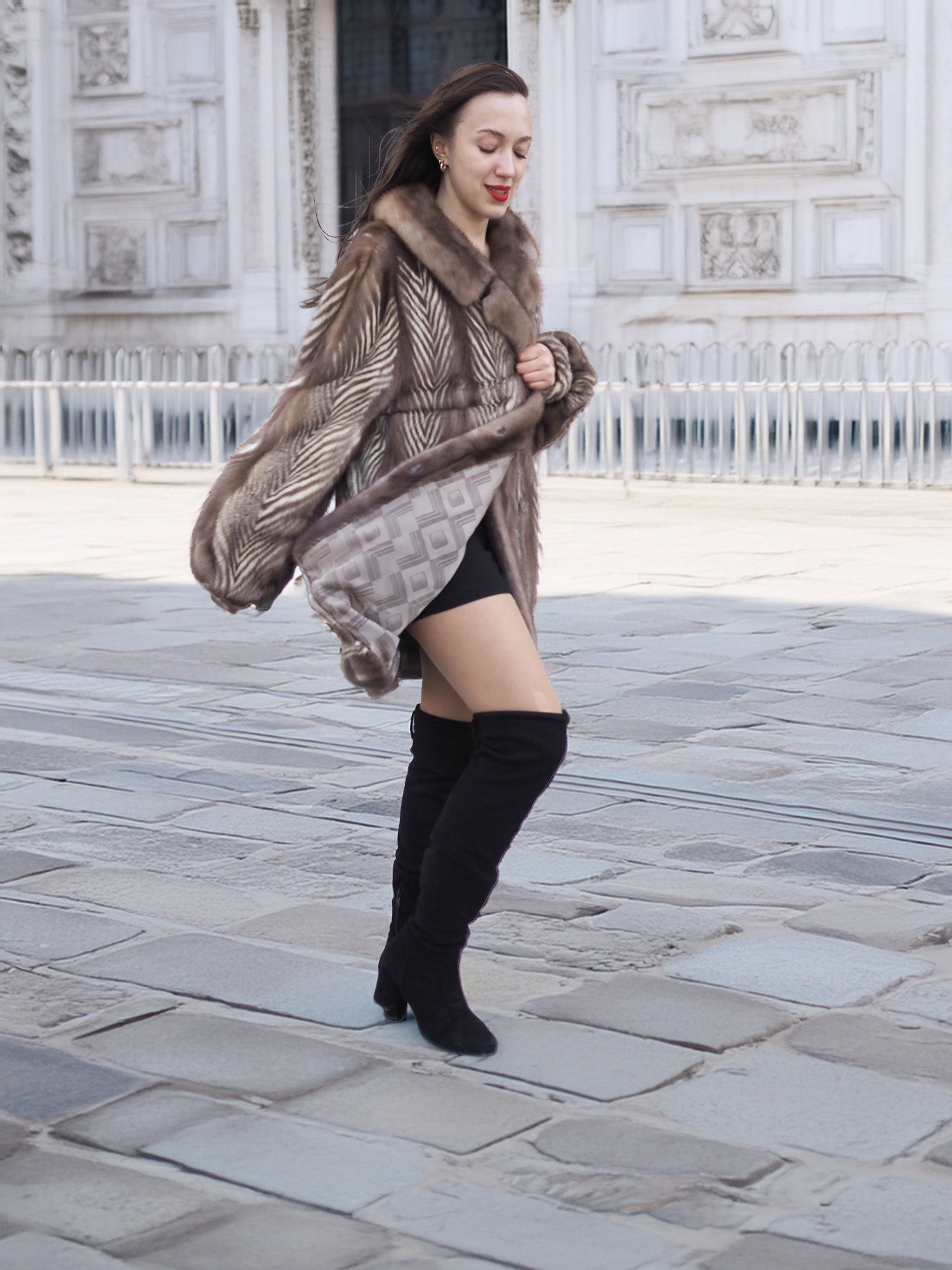 Model walking in Canadian Mink Fur Jacket L/XL 16, showing the satin interior and bold herring bone fur design.