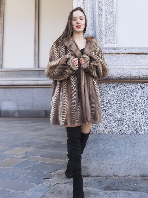 Model walking confidently in Canadian Mink Fur Jacket L/XL 16, styled for luxury outerwear fashion with a soft fur collar.