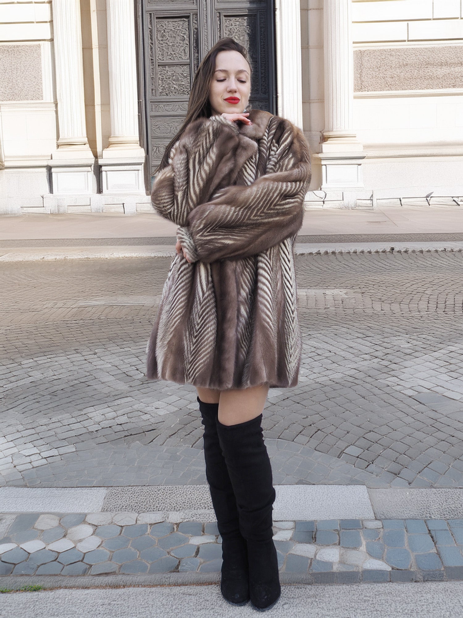 Front view of Two Tone Herring Bone Design Mink Fur Jacket L/XL 16, worn closed for a cozy and stylish winter outfit.