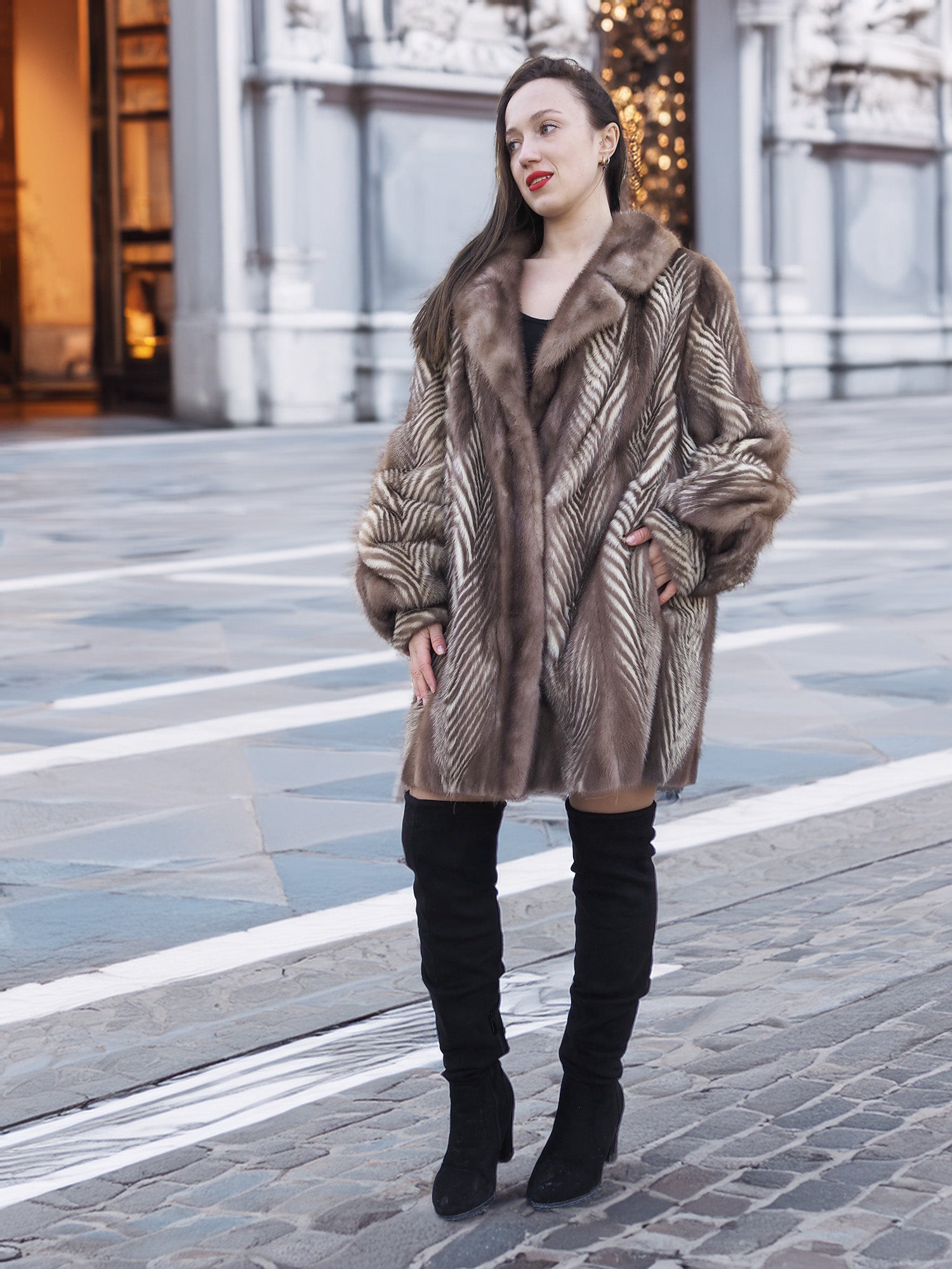 Canadian Mink Fur Jacket L/XL 16 with sapphire collar and elegant herring bone pattern, styled for luxury winter outerwear.