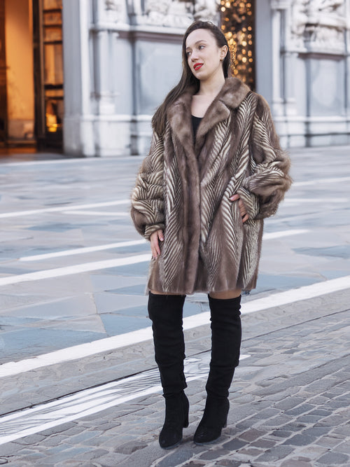Canadian Mink Fur Jacket L/XL 16 with sapphire collar and elegant herring bone pattern, styled for luxury winter outerwear.