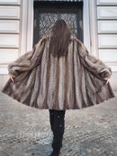 Back view of Two Tone Herring Bone Design Canadian Mink Fur Jacket L/XL 16 showcasing wide flare and detailed fur pattern.