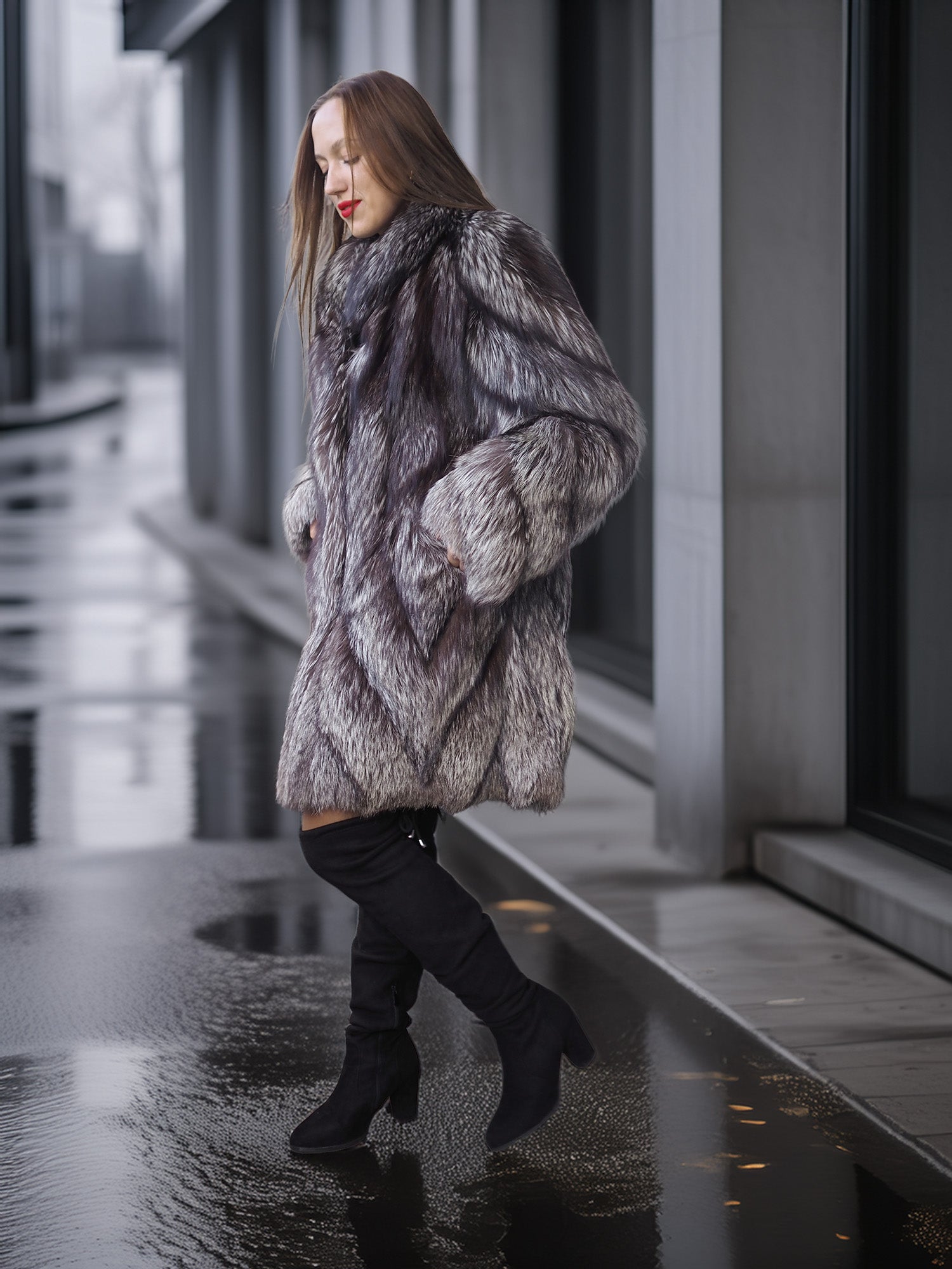 Woman wearing a fur coat walking on a wet pavement.
