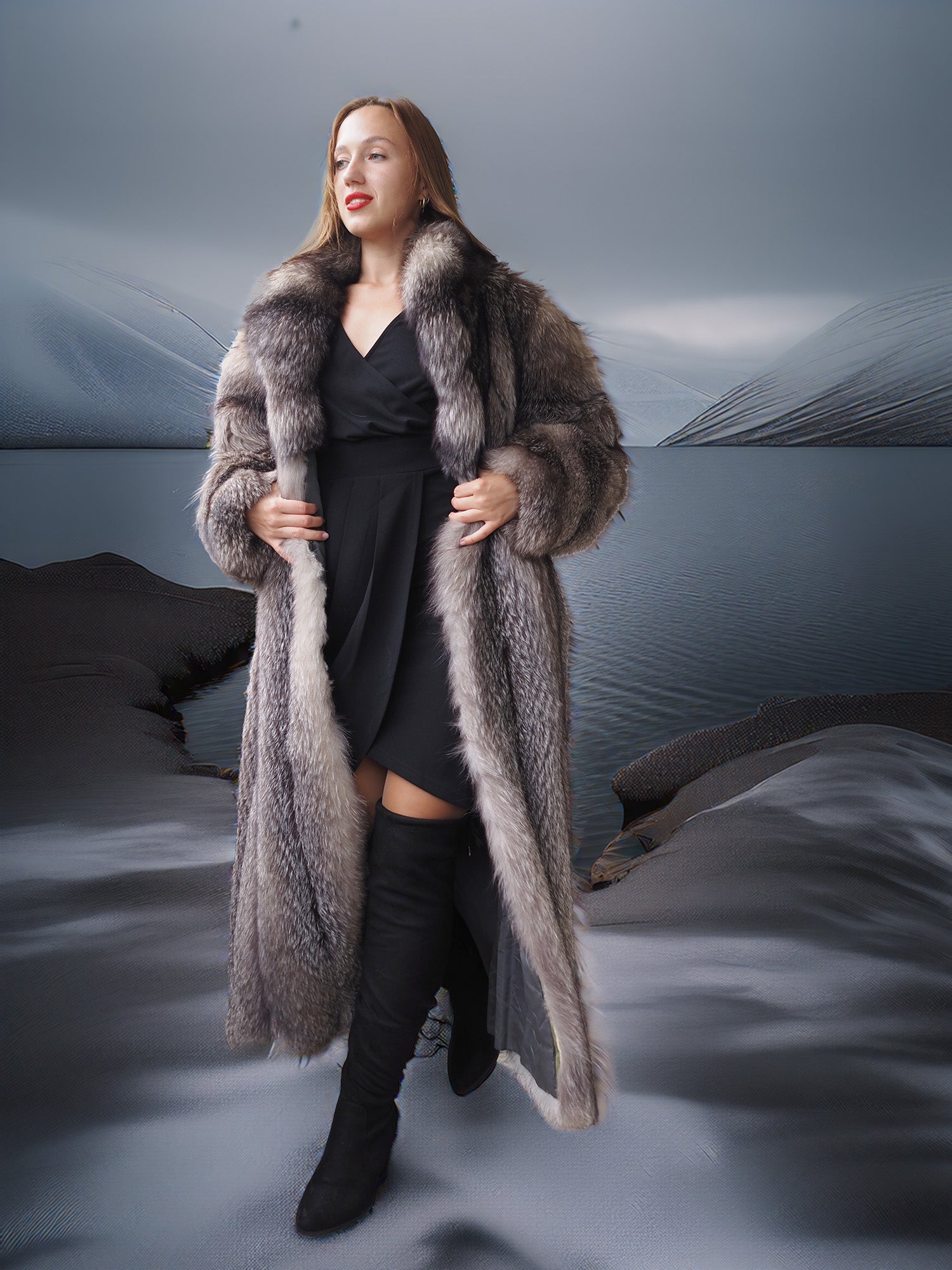 Woman wearing a long fur coat standing against a reflective surface.