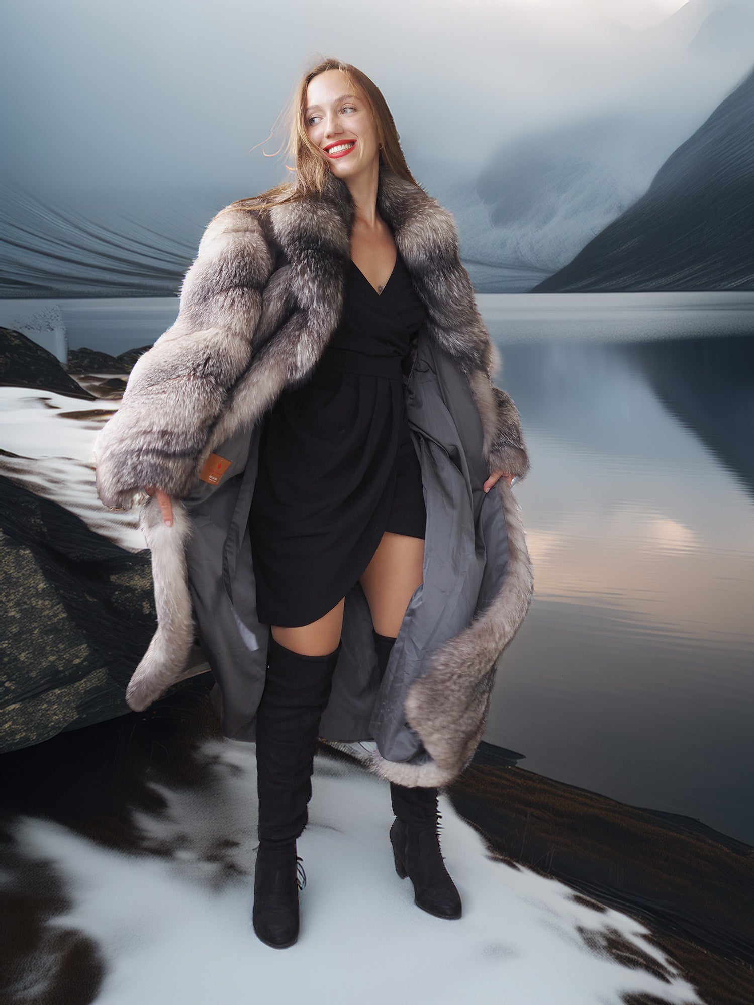 Woman in a fur coat and black dress standing next to a car with a mountainous background
