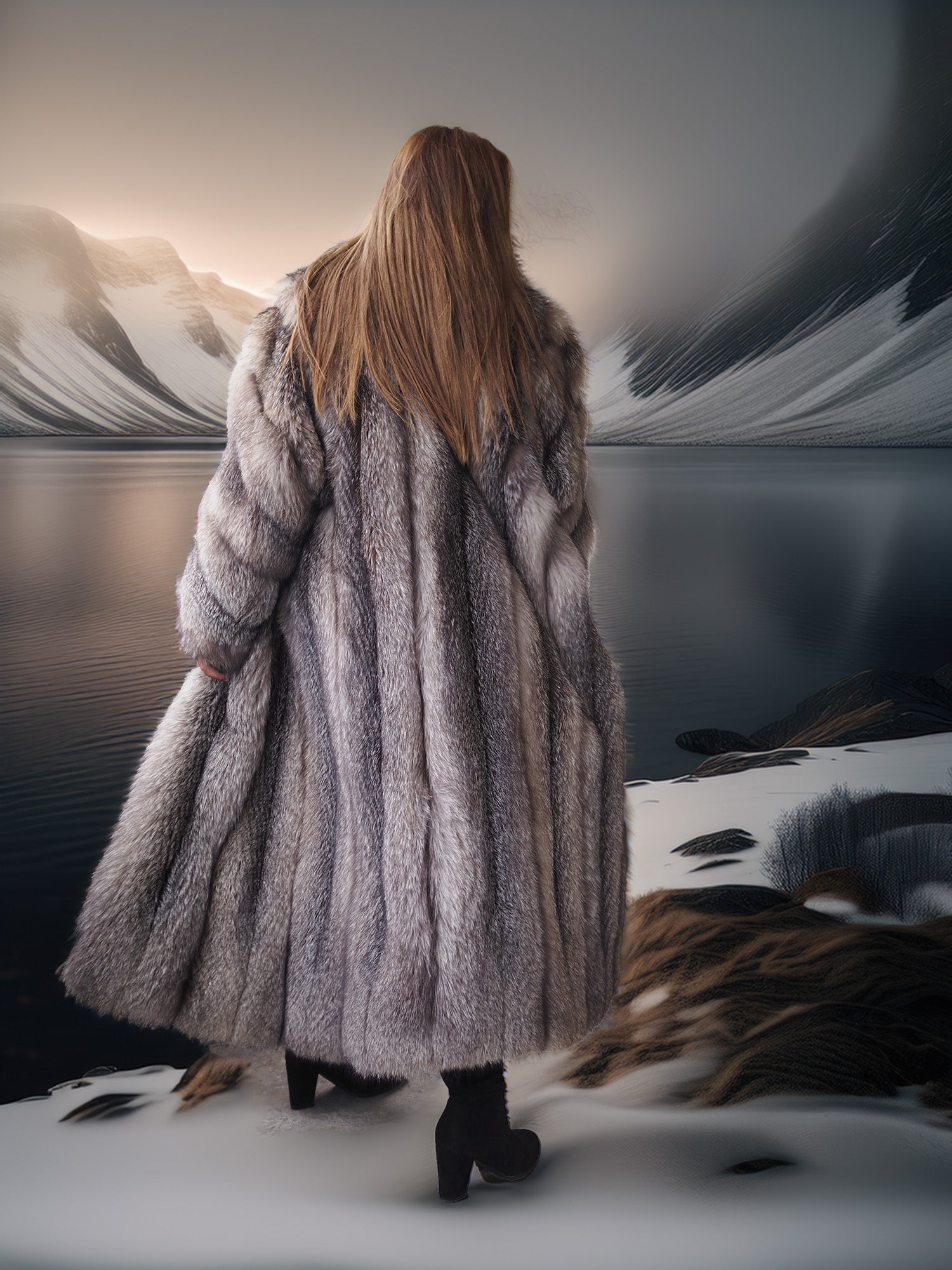 Person wearing a fur coat standing in a snowy landscape with mountains.