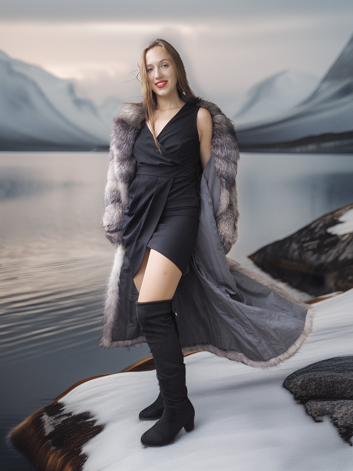 Woman in a long gray coat with fur trim standing by a lake with mountains in the background