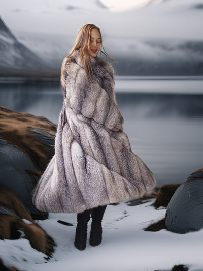 Northern Light – Regal Indigo Fox Coat with a Shawl Collar