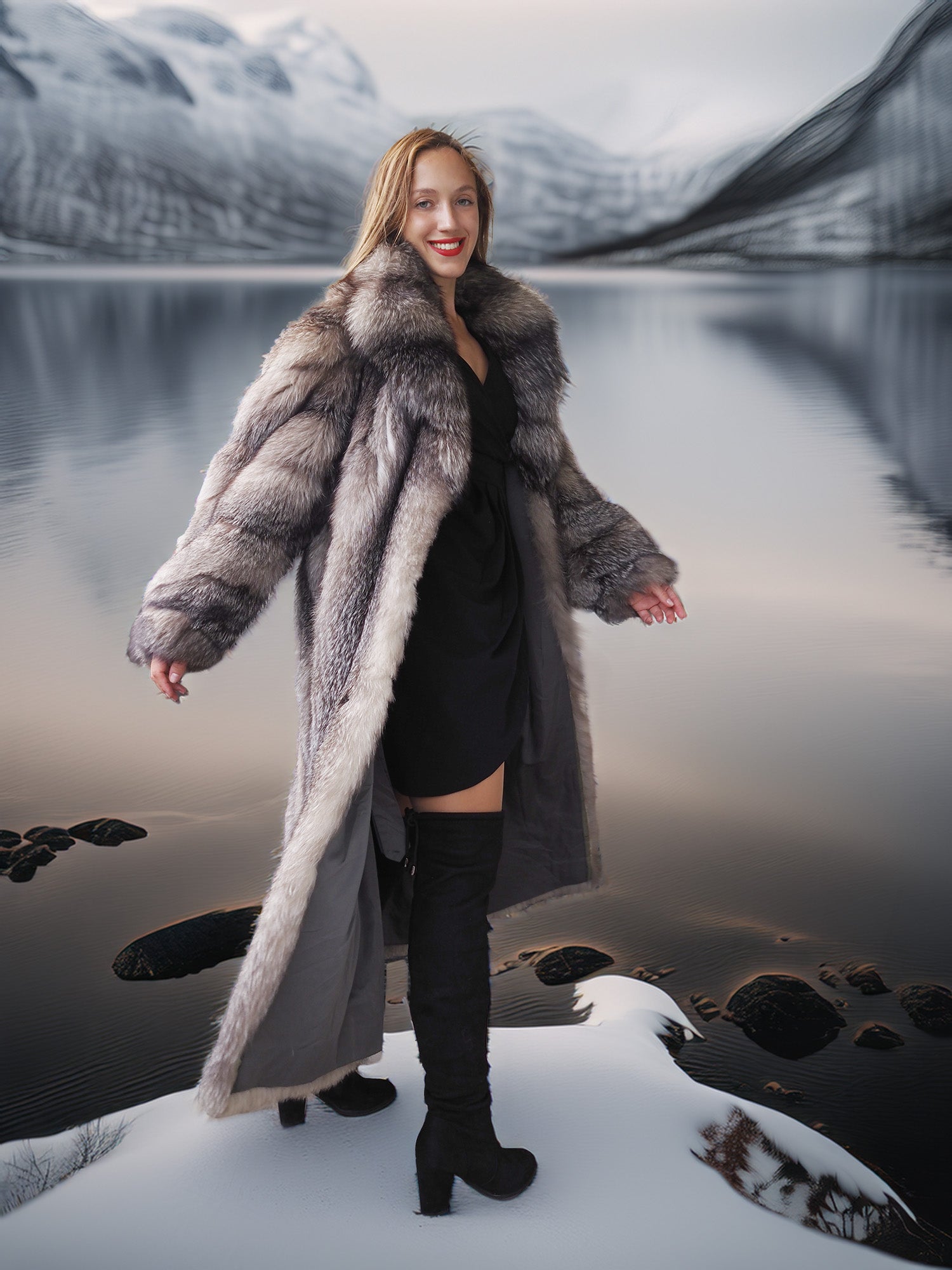 Woman in a fur coat standing in a snowy landscape with mountains and water.