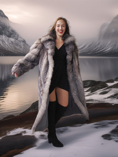 Northern Light – Regal Indigo Fox Coat with a Shawl Collar