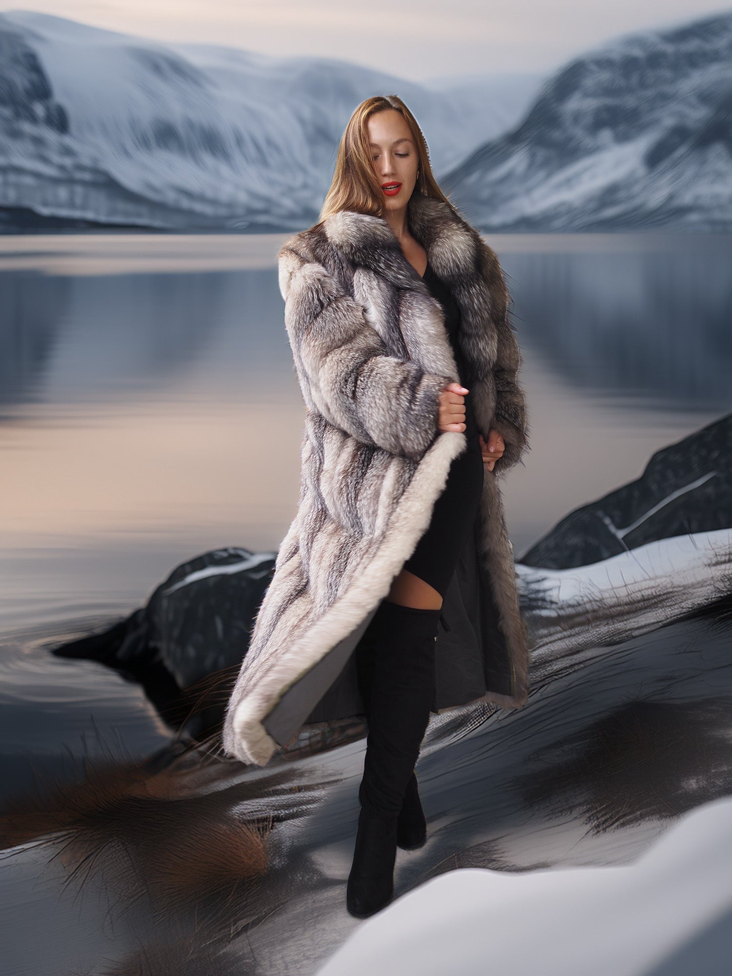 Woman wearing a fur coat standing in a snowy landscape with mountains.