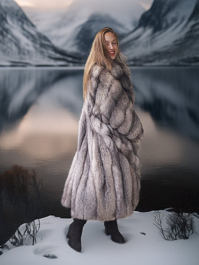Northern Light – Regal Indigo Fox Coat with a Shawl Collar