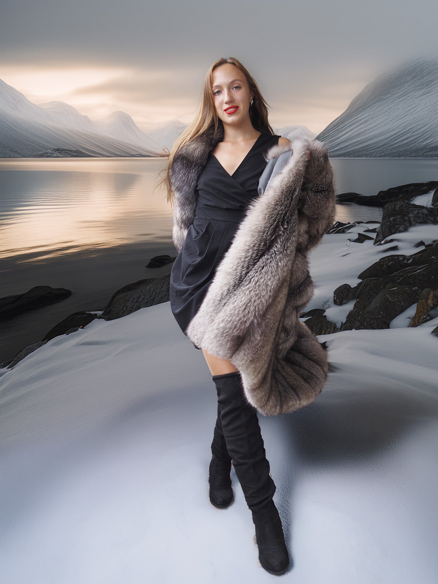 Woman in a dark dress and fur coat standing in a snowy landscape with mountains.