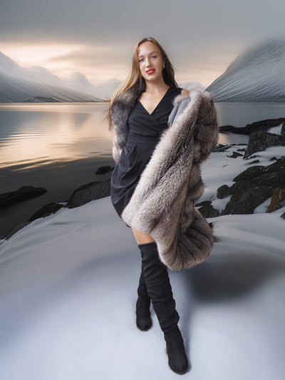 Northern Light – Regal Indigo Fox Coat with a Shawl Collar