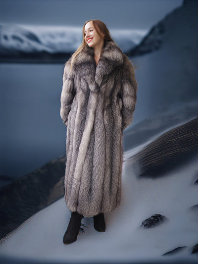 Northern Light – Regal Indigo Fox Coat with a Shawl Collar