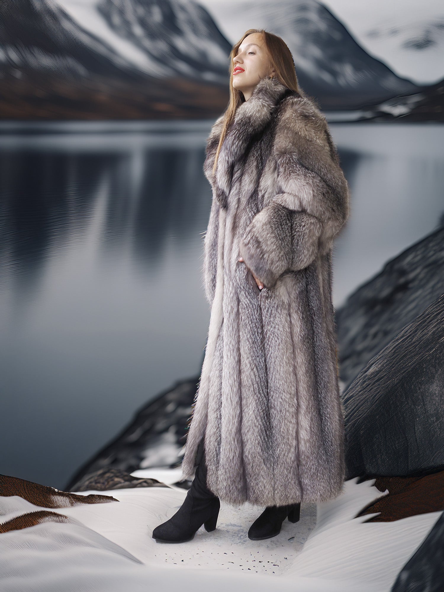 Northern Light – Regal Indigo Fox Coat with a Shawl Collar