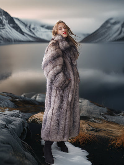 Northern Light – Regal Indigo Fox Coat with a Shawl Collar