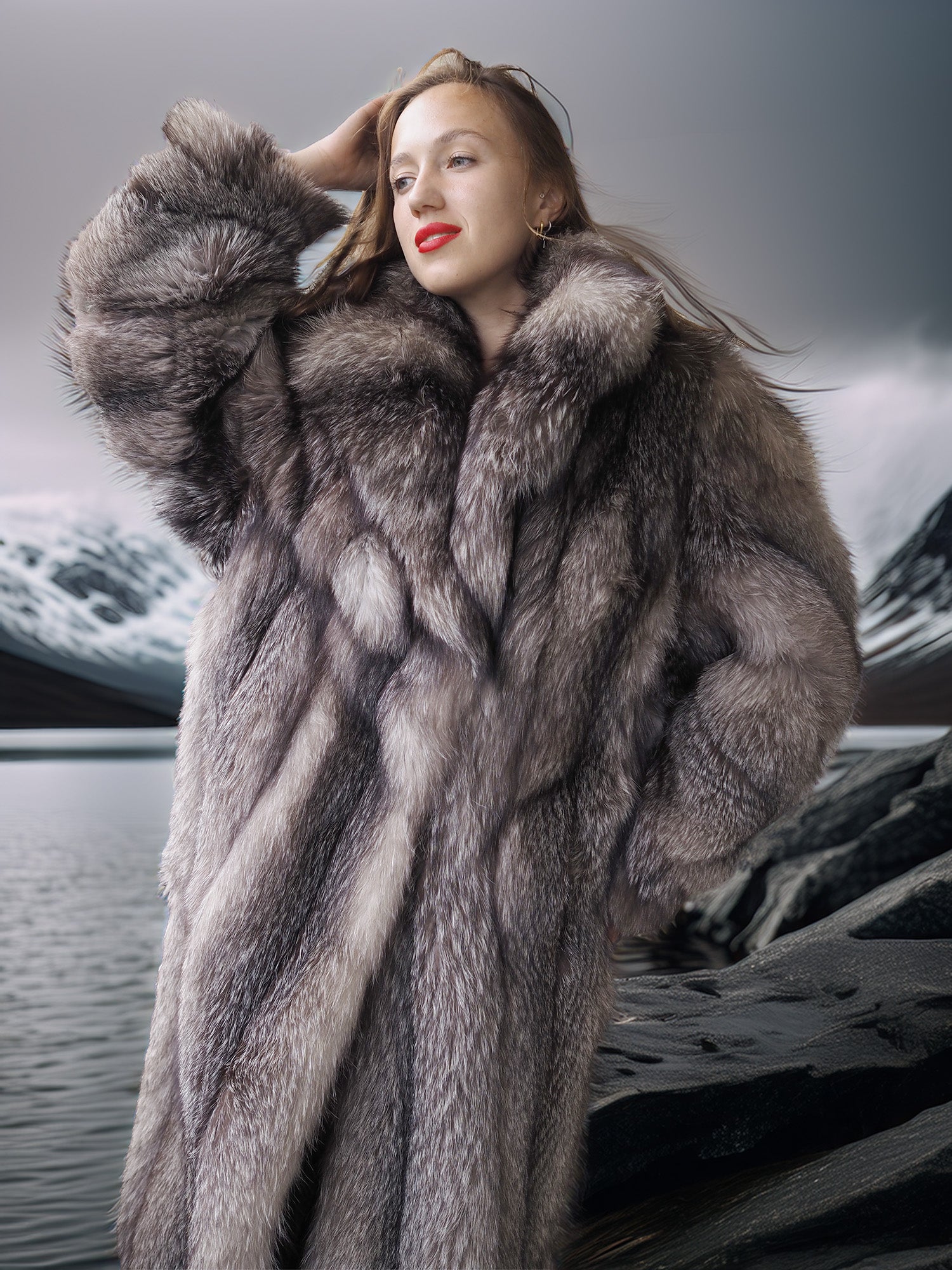 Northern Light – Regal Indigo Fox Coat with a Shawl Collar