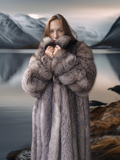 Northern Light – Regal Indigo Fox Coat with a Shawl Collar