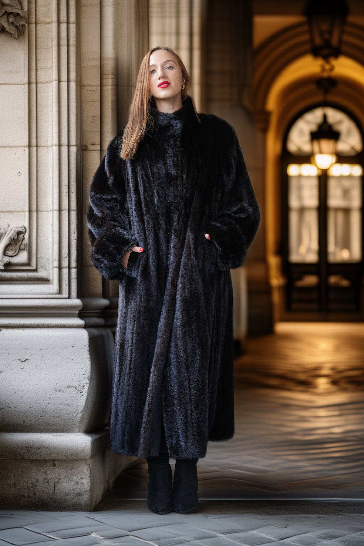 A woman wearing a long, luxurious black fur coat with a high collar and wide sleeves, standing in a grand stone corridor with warm lighting.