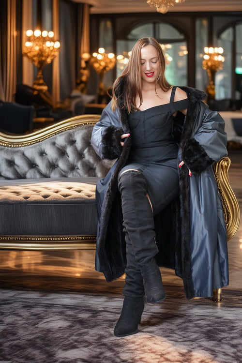 A woman models a luxurious black off-the-shoulder dress with a matching oversized satin coat featuring black fur trim, paired with black over-the-knee boots, seated on an ornate gray and gold sofa in a grand, chandelier-lit room.