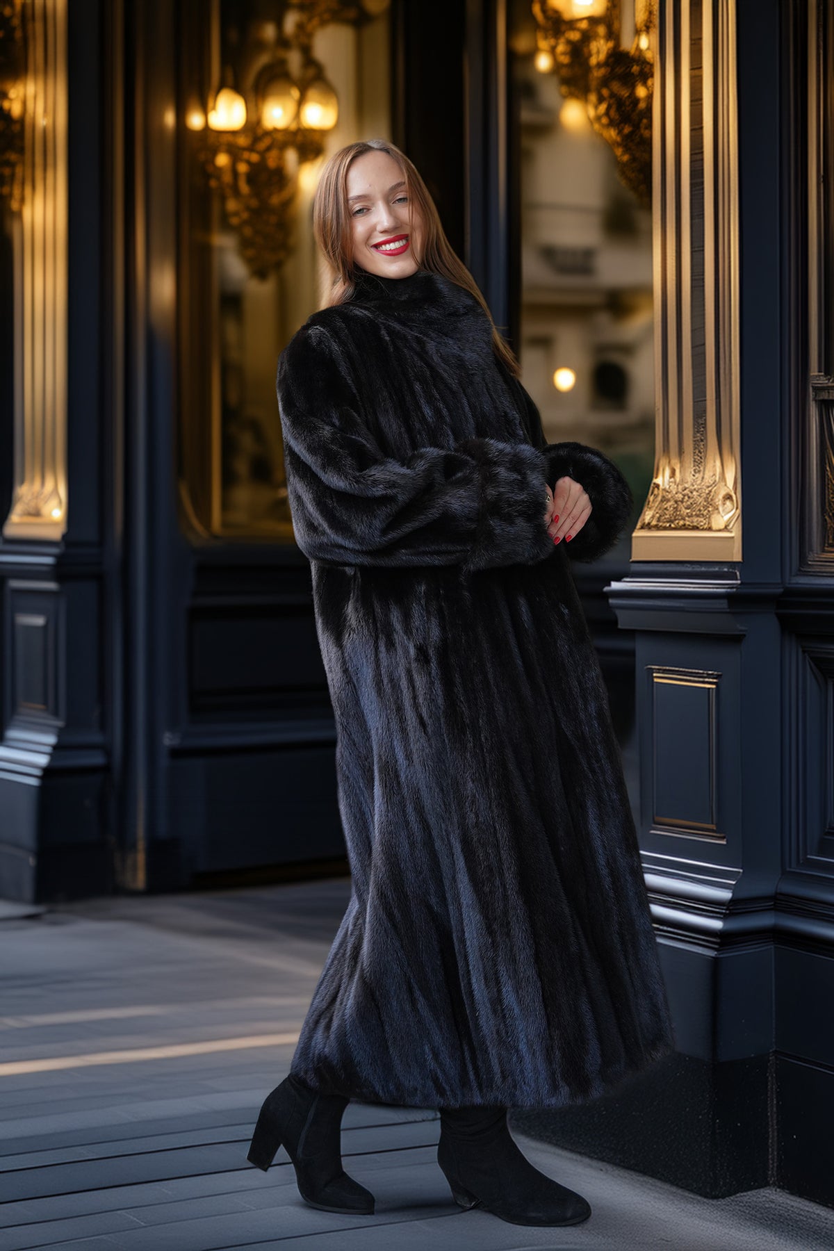 A woman wearing a luxurious black fur coat and black ankle boots stands in front of an elegant dark blue building facade with gold-trimmed windows.