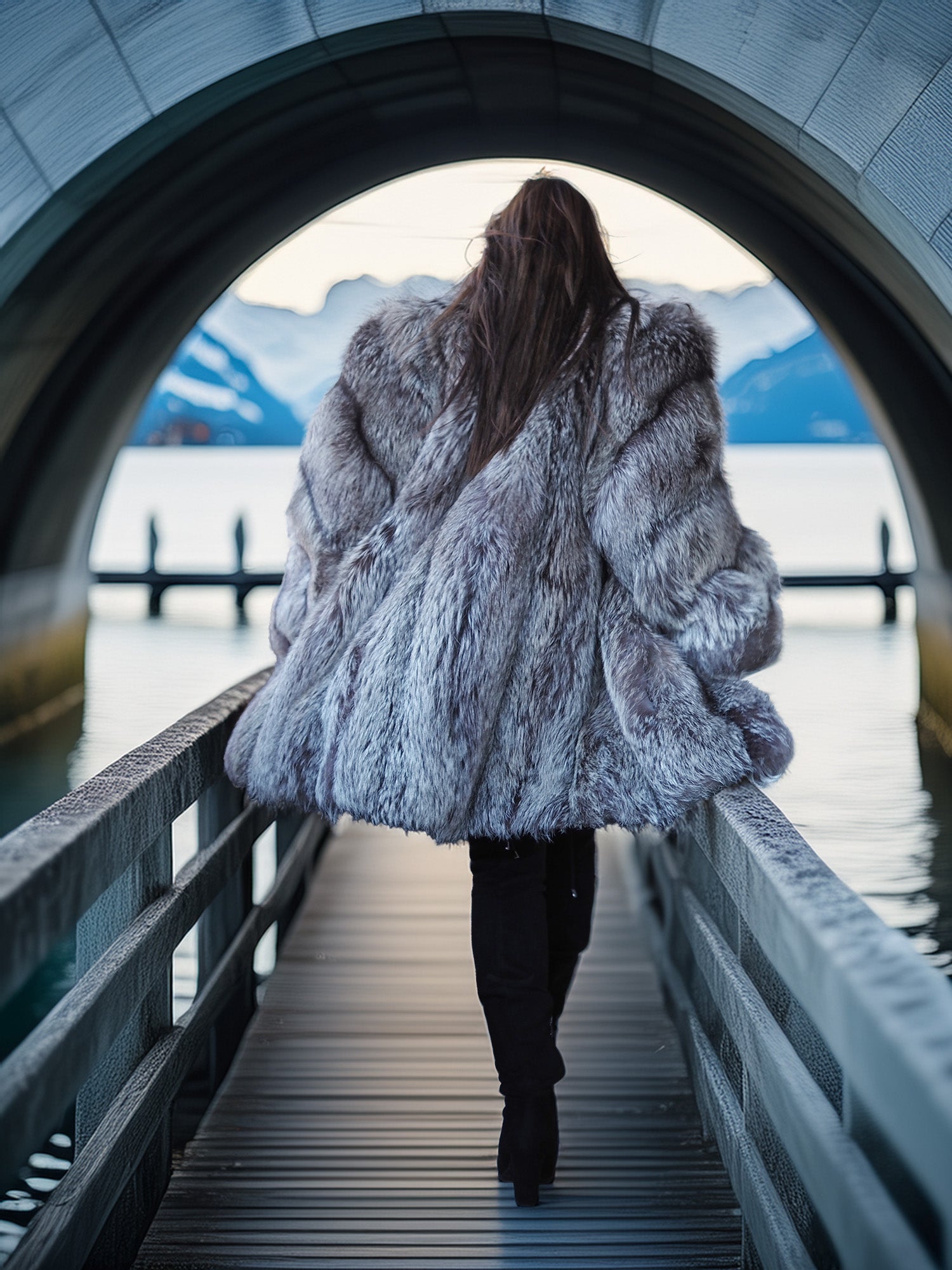 Person wearing a fur coat walking on a bridge with a scenic background