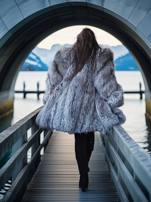 Person wearing a fur coat walking on a bridge with a scenic background