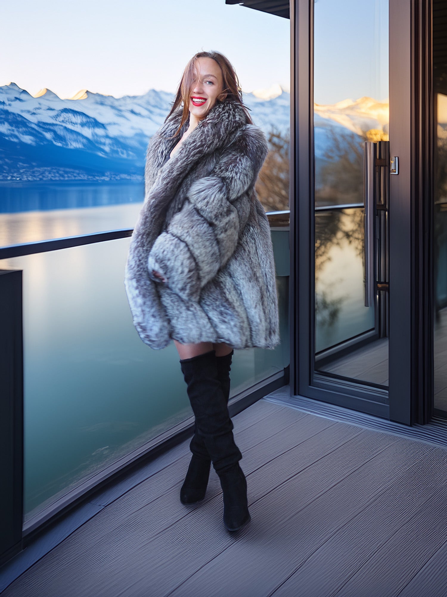 Woman in a fur coat standing on a balcony with a scenic view of mountains and water.