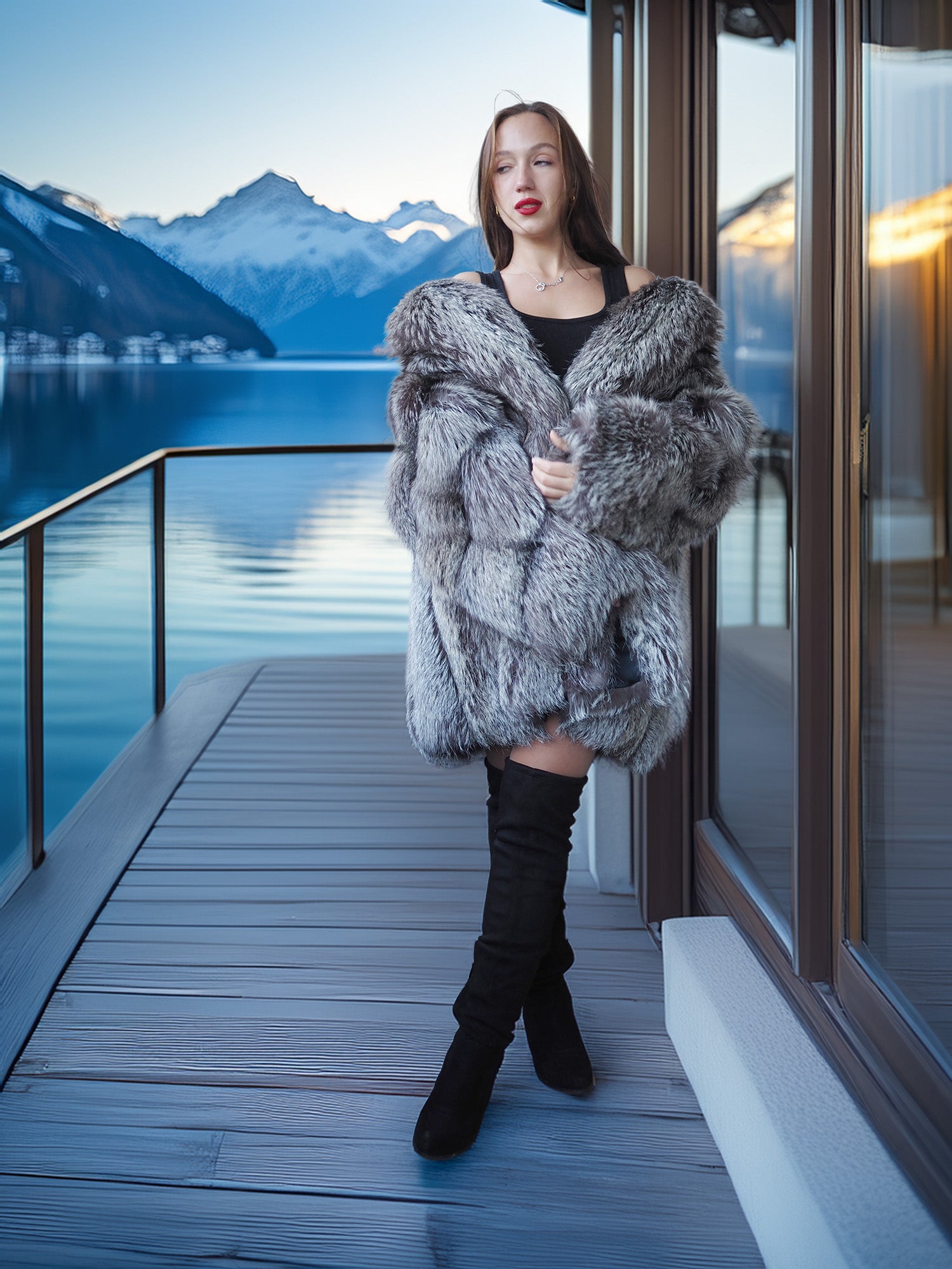 Woman in a fur coat standing on a dock with mountains and water in the background