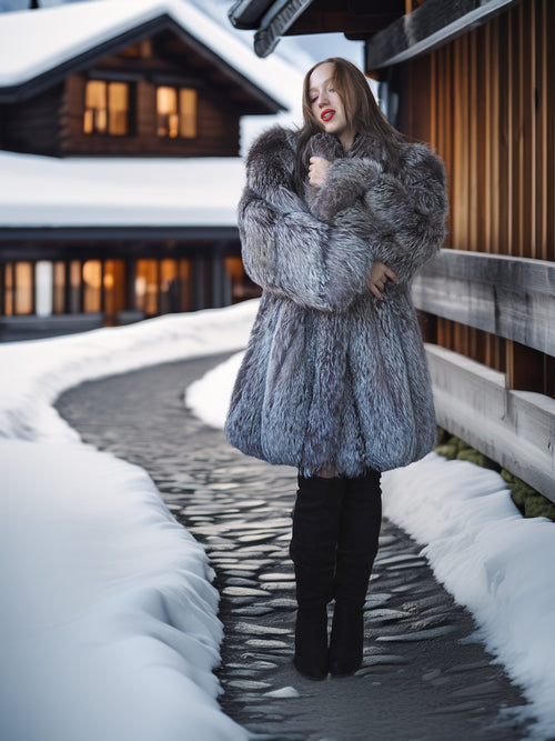 Woman in a fur coat standing on a snowy path in front of a wooden building.