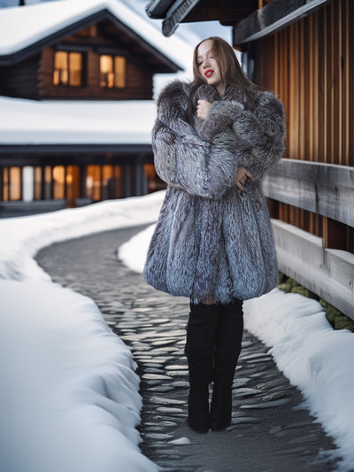 Woman in a fur coat standing on a snowy path in front of a wooden building.