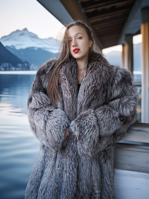 Woman wearing a fur coat with a mountainous landscape in the background