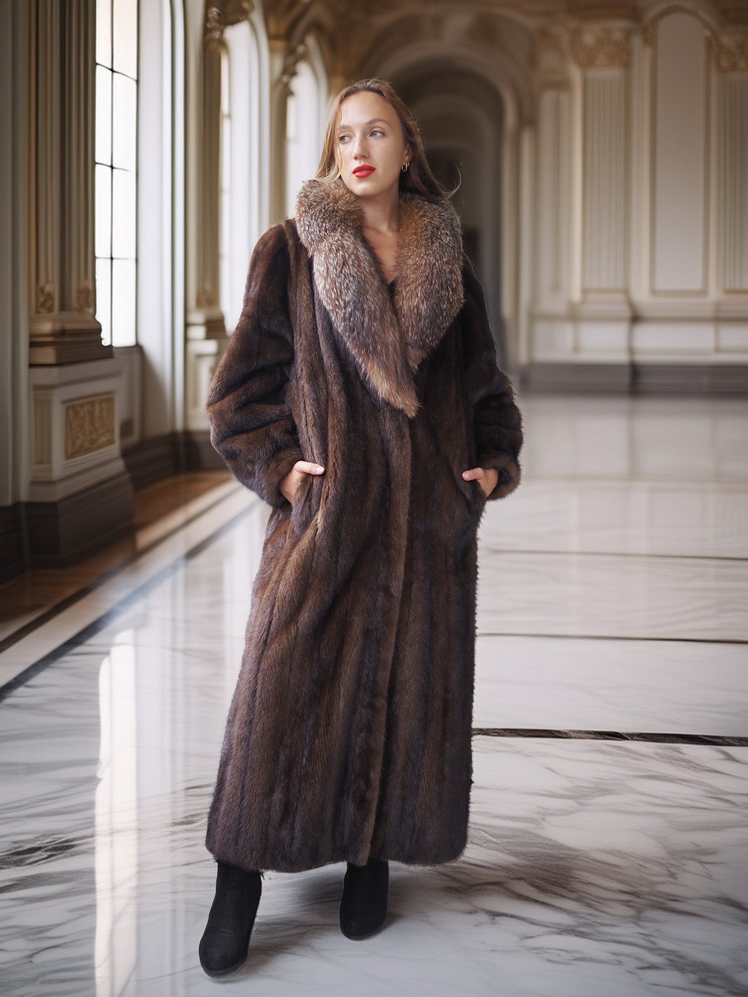 "Palace Light" – SAGA Mahogany Mink & Crystal Fox Trim Full-Length Coat S/M