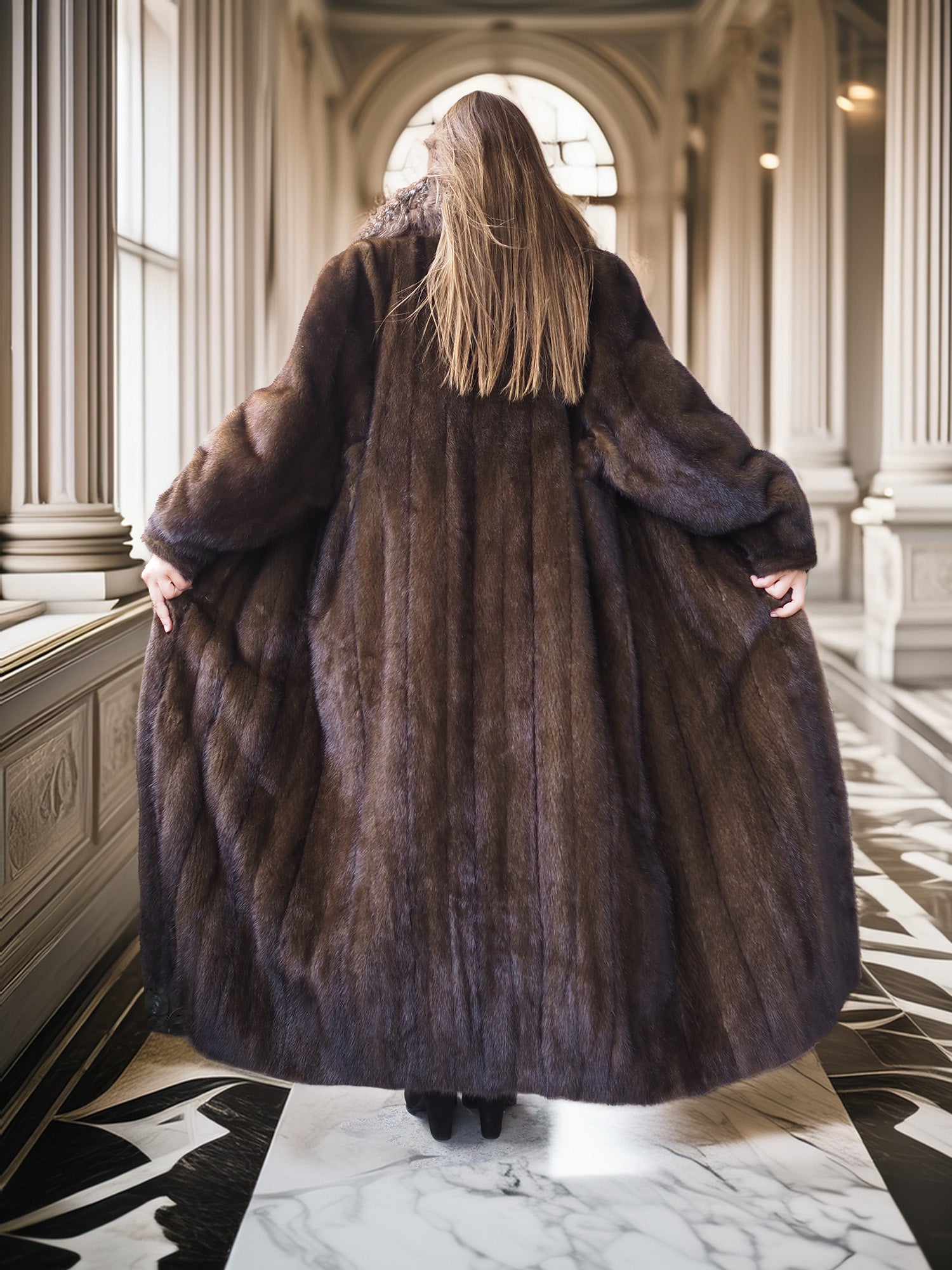 "Palace Light" – SAGA Mahogany Mink & Crystal Fox Trim Full-Length Coat S/M