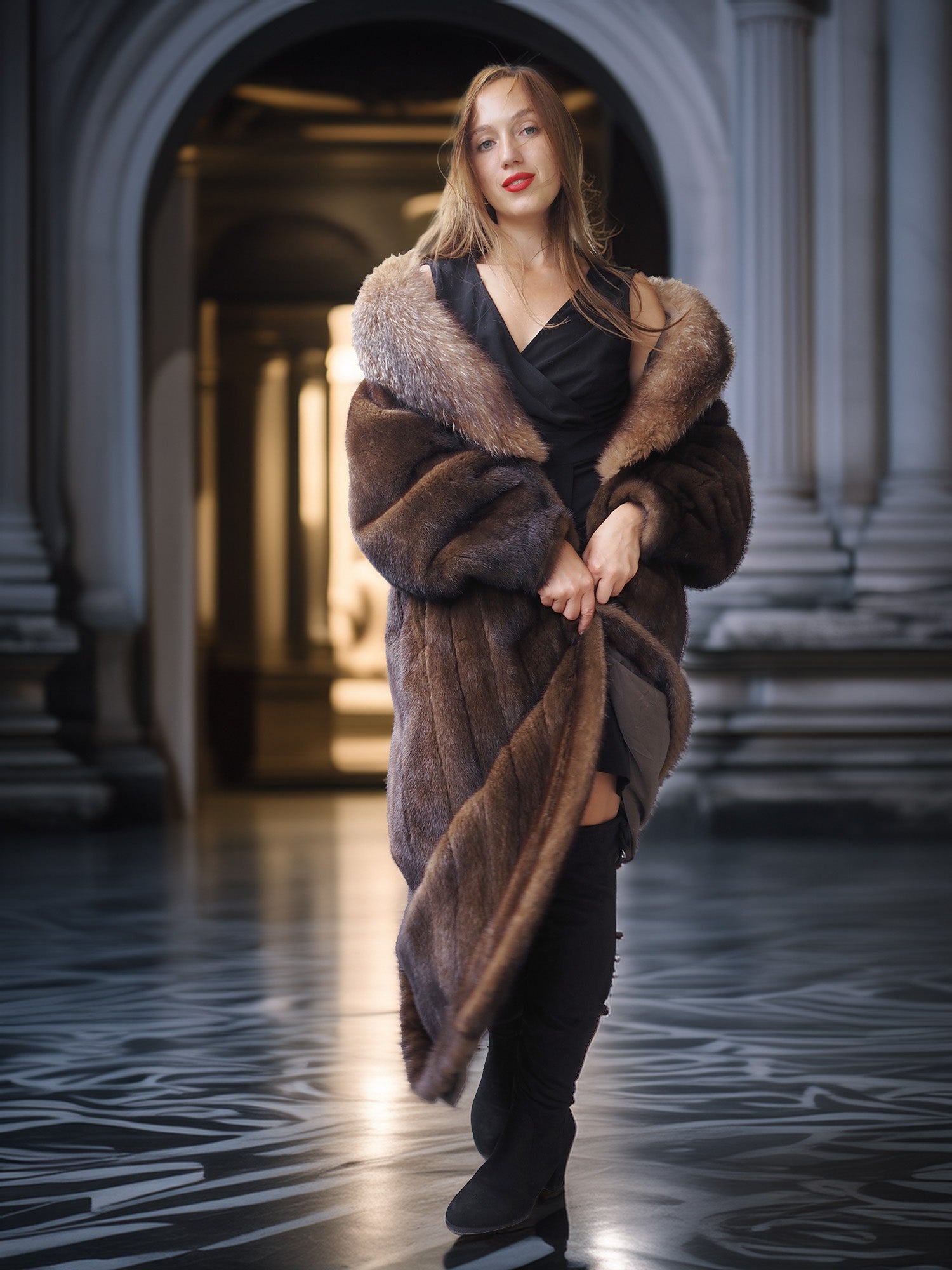 "Palace Light" – SAGA Mahogany Mink & Crystal Fox Trim Full-Length Coat S/M