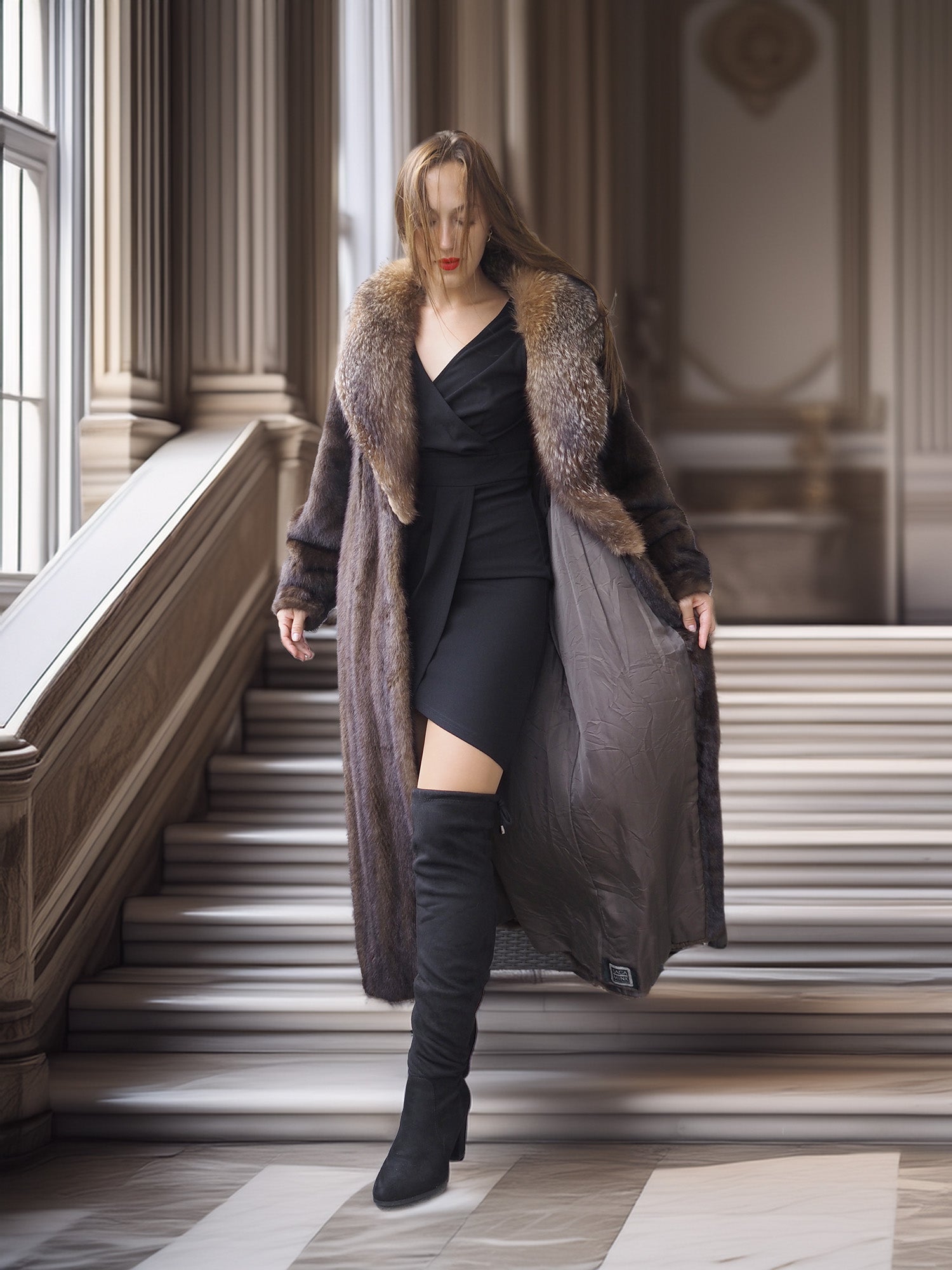 "Palace Light" – SAGA Mahogany Mink & Crystal Fox Trim Full-Length Coat S/M