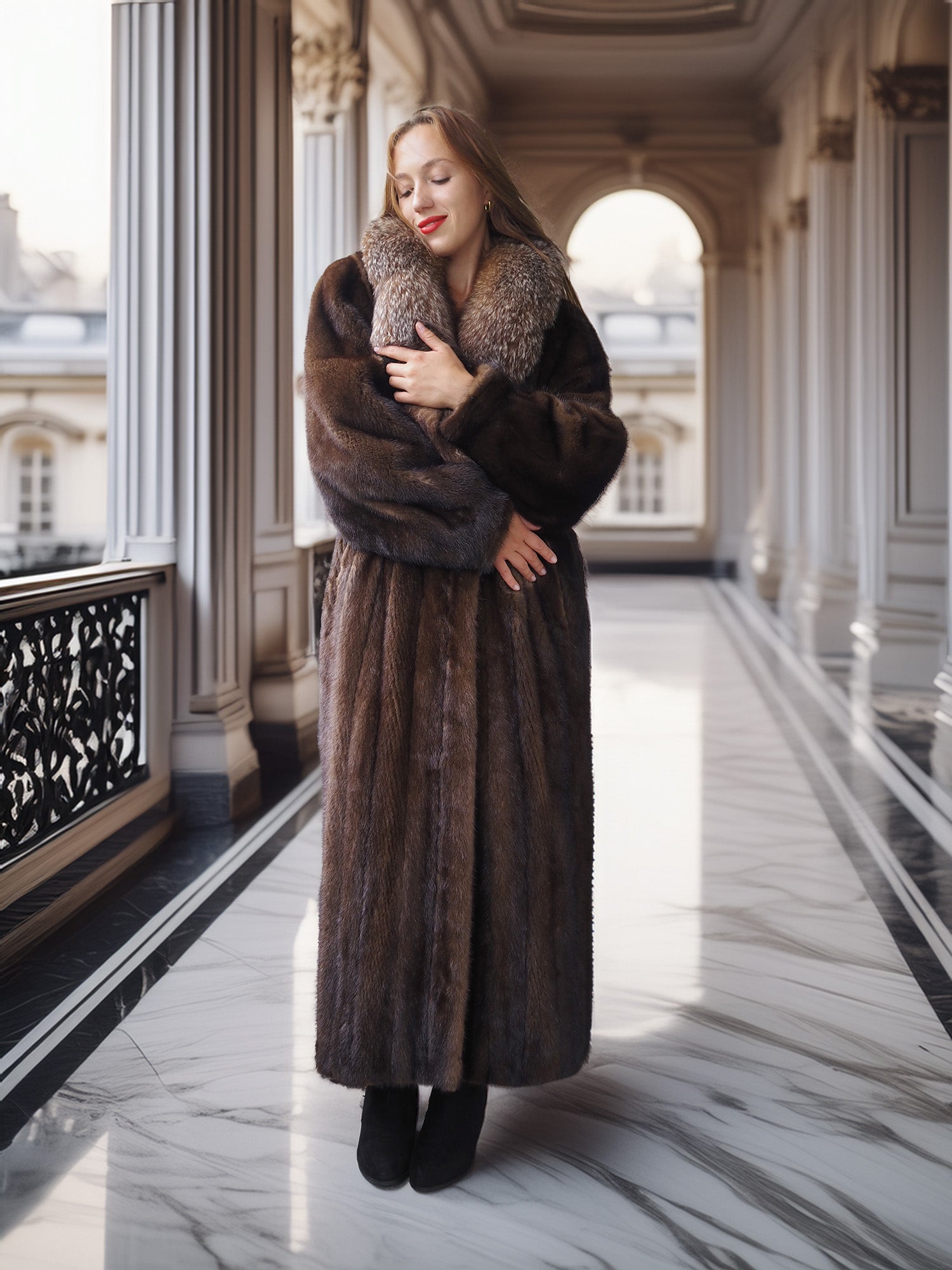 "Palace Light" – SAGA Mahogany Mink & Crystal Fox Trim Full-Length Coat S/M