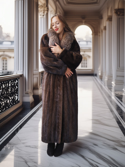 "Palace Light" – SAGA Mahogany Mink & Crystal Fox Trim Full-Length Coat S/M