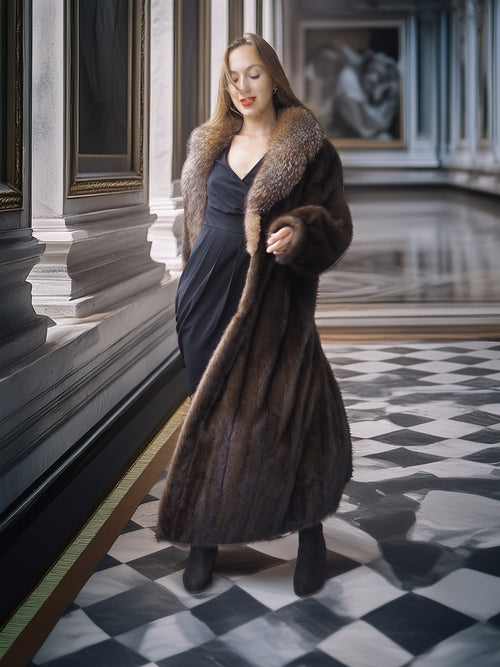 "Palace Light" – SAGA Mahogany Mink & Crystal Fox Trim Full-Length Coat S/M