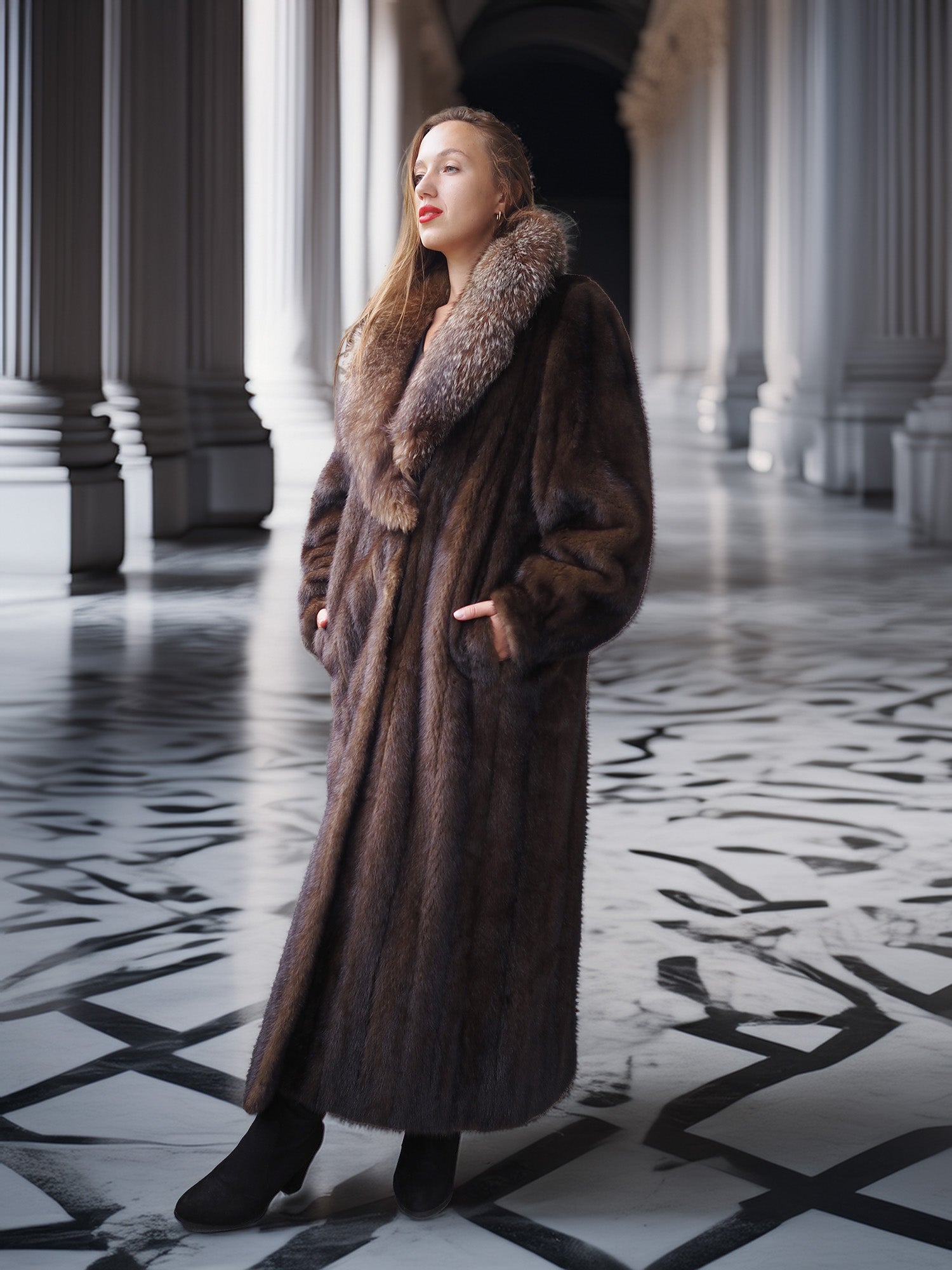 "Palace Light" – SAGA Mahogany Mink & Crystal Fox Trim Full-Length Coat S/M