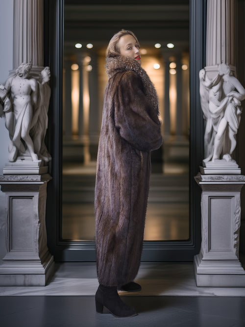 "Palace Light" – SAGA Mahogany Mink & Crystal Fox Trim Full-Length Coat S/M