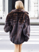 Rear view of Unisex Dark Mahogany Mink Fur Bomber Jacket Coat M/L, showcasing glossy mink pelts and oversized luxury fit.