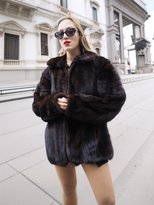 Urban street style featuring Unisex Dark Mahogany Mink Fur Bomber Jacket Coat M/L, paired with bold red lips and black sunglasses.