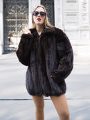 Unisex Dark Mahogany Mink Fur Bomber Jacket Coat M/L styled with sunglasses and red lipstick, showcasing luxurious natural fur texture.